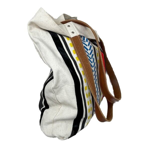 MIDORI Los Angeles Havana Striped Canvas Tote Bag Leather Straps African Print - Picture 8 of 12